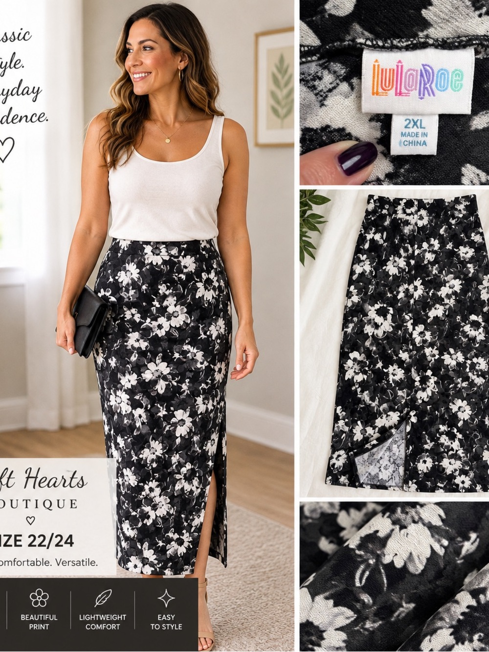 LuLaRoe Black & White Floral Midi Skirt